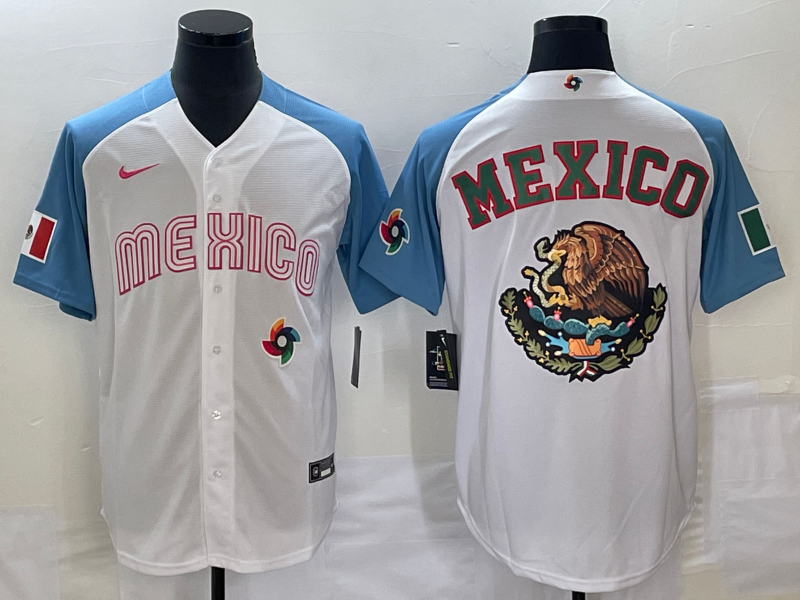 Men's Mexico Baseball 2023 White Blue Team Big Logo World Baseball Classic Stitched Jersey Men's Mexico Baseball 2023 White Blue Team Big Logo World Baseball Classic Stitched Jersey